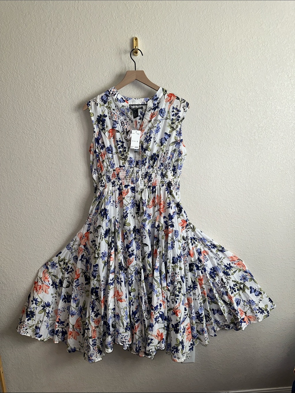 Chelsea & Theodore Floral Smocked Front Midi Dress NWT White Blue Coral XL